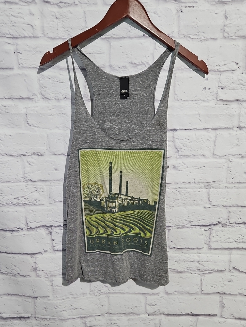 Obey Women's Gray Racerback Tank with Urban Roots Graphic